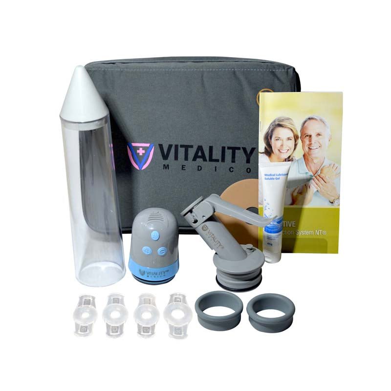 Complete Pro-Activ Duo penis pump set with erection rings, lubricant, and storage case