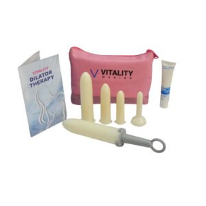 Softlilate® V1 vaginal dilator set with 5 graduated sizes, twist and lock handle, lubricating gel, and discreet bag for post-surgery and painful sex therapy.